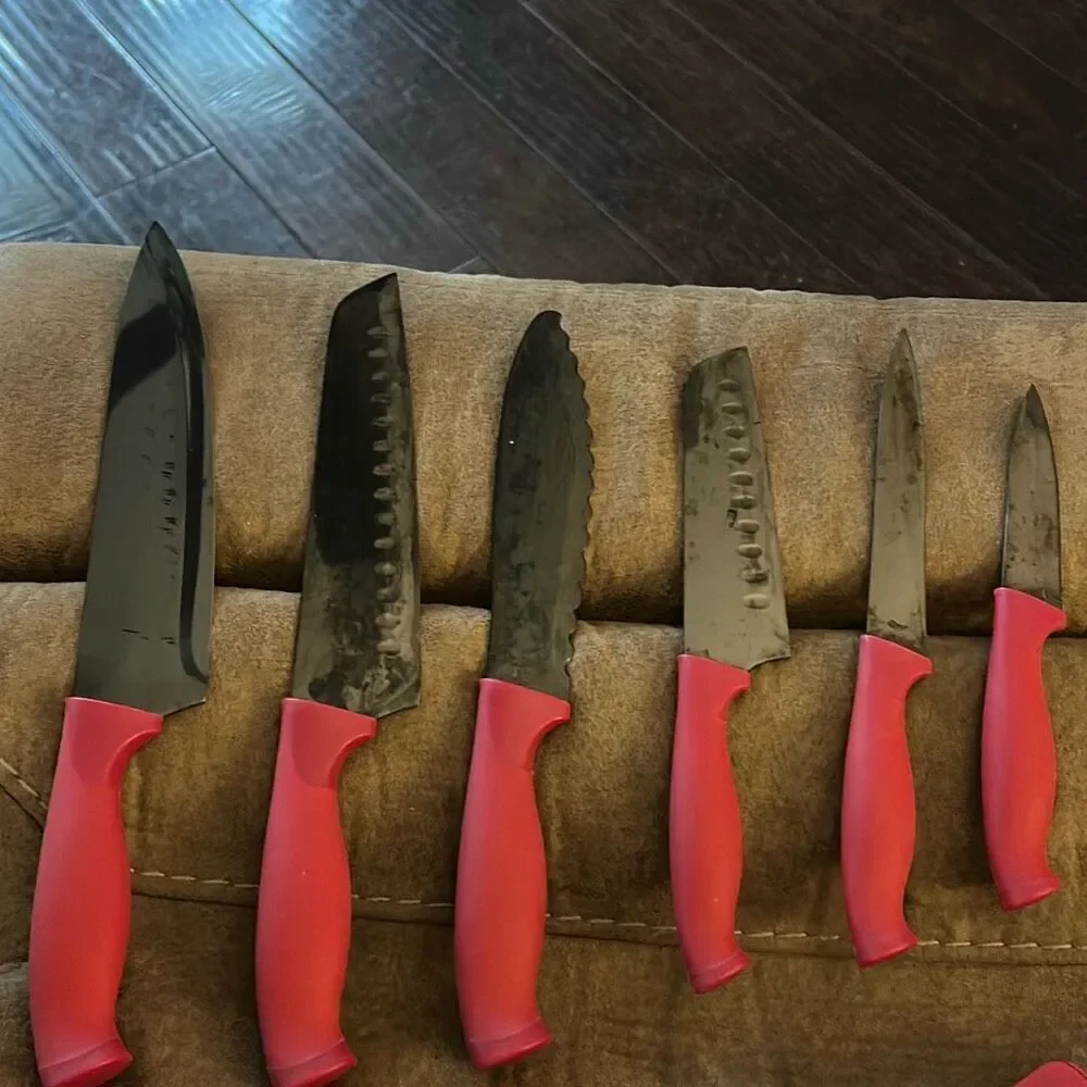 Set of‎ Six Cooking Light Knives with a Kleva Sharp Knife Sharpener. Red.